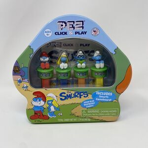 SMURFS Set of 4 PEZ CLICK & PLAY In a COLLECTIBLE TIN BOX and SMURFS GAMEBOARD